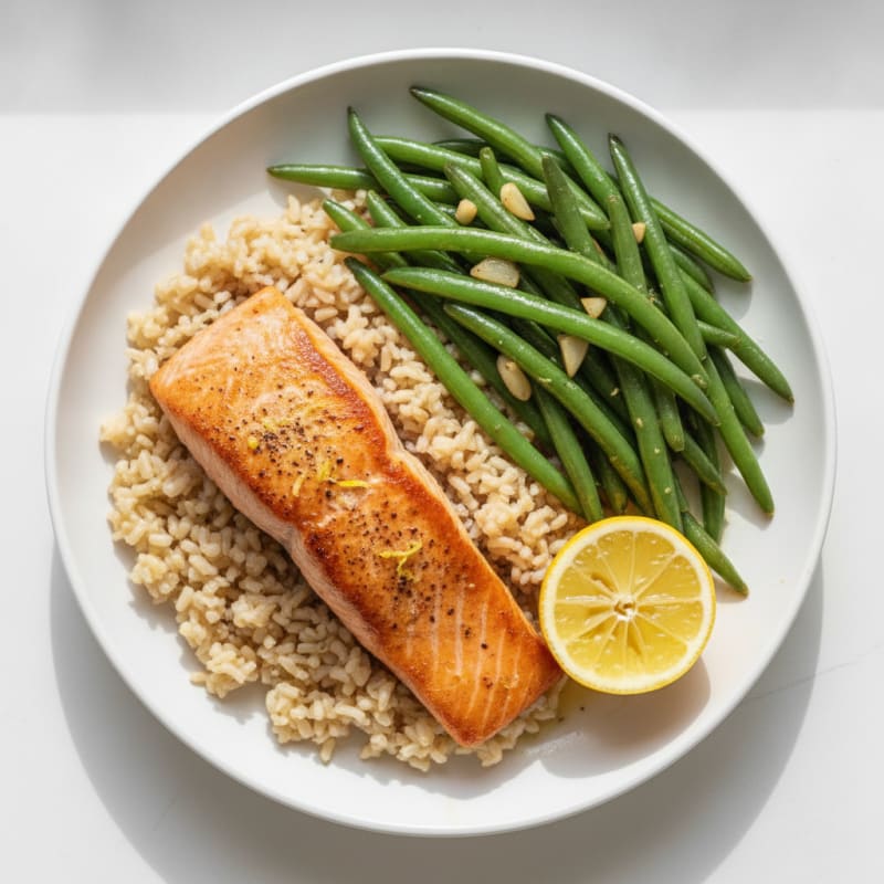 Seared Salmon with Garlic Green Beans and Brown Rice