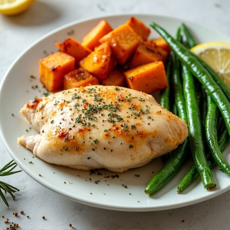 Lemon Herb Roasted Chicken with Roasted Sweet Potatoes and Green Beans