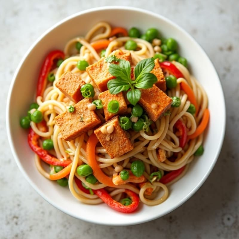 Creamy Thai Peanut Noodles with Crispy Tofu and Fresh Vegetables