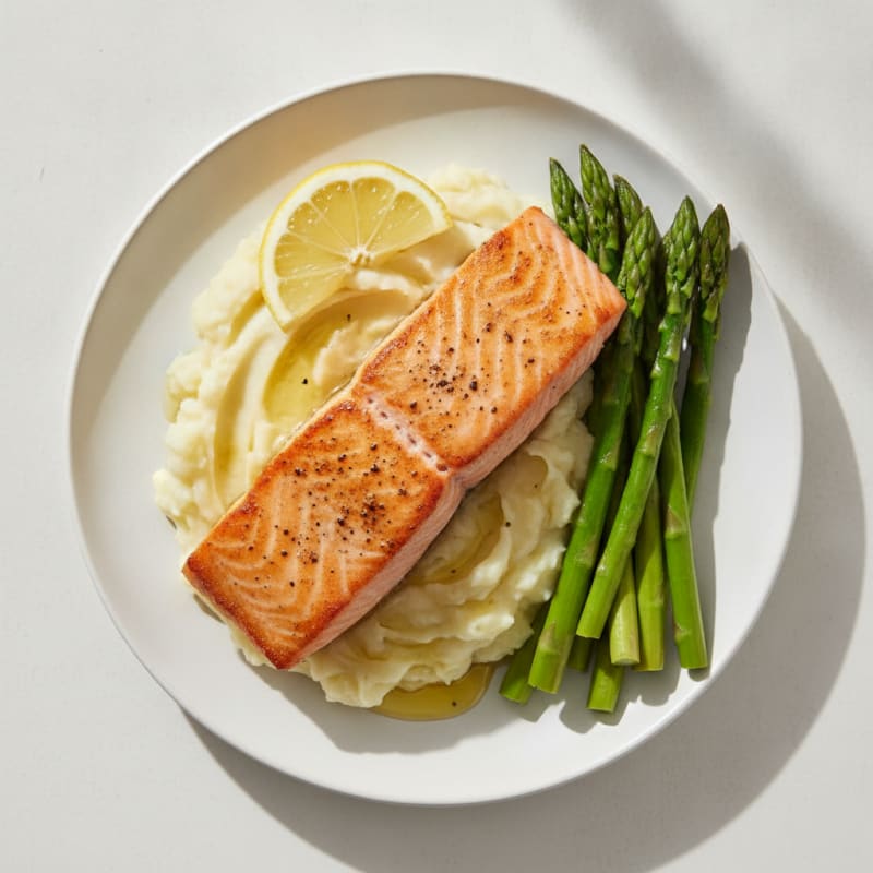 Seared Salmon with Steamed Asparagus and Garlic Mashed Potatoes