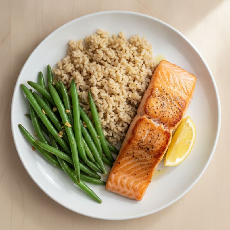 Seared Salmon with Garlic Green Beans and Brown Rice