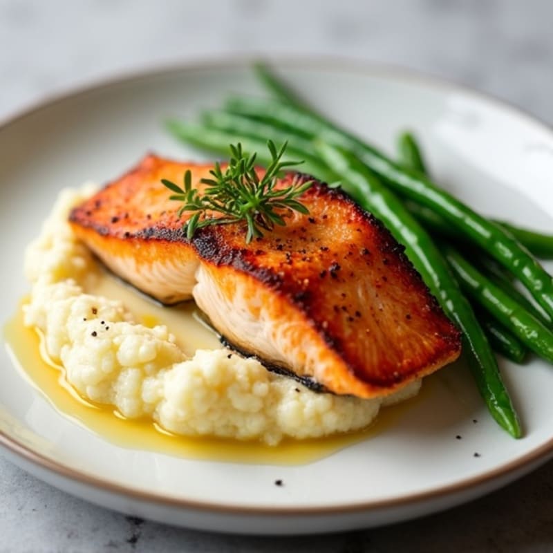 Seared Salmon Fillet with Steamed Green Beans and Cauliflower Mash