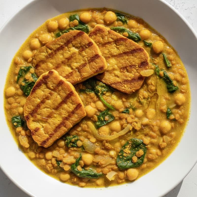 Creamy Lentil and Chickpea Stew with Grilled Tempeh