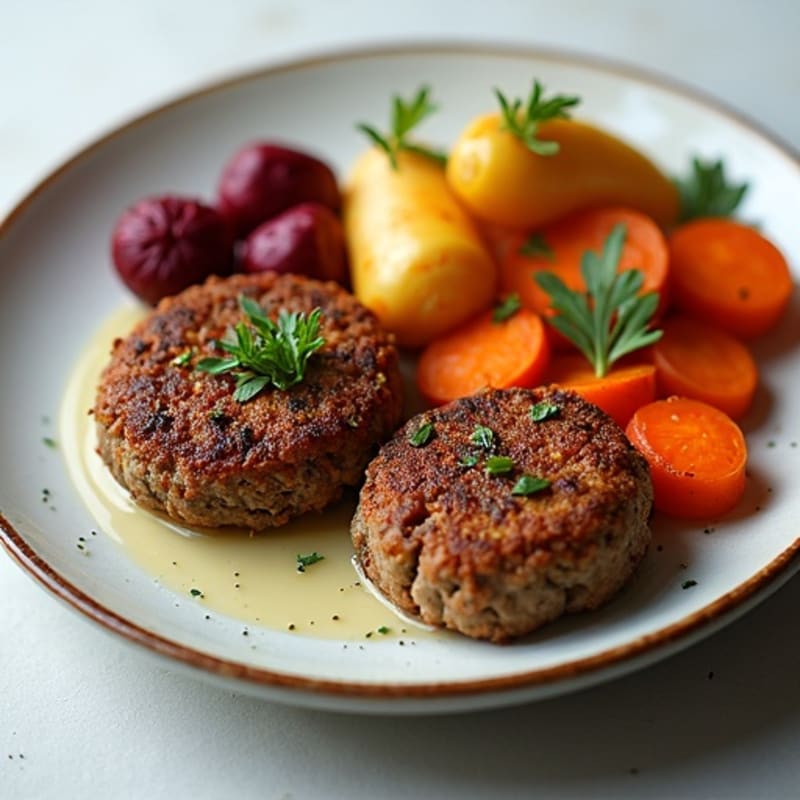 Lean Deer Burger Patties with Crispy Roasted Root Vegetables