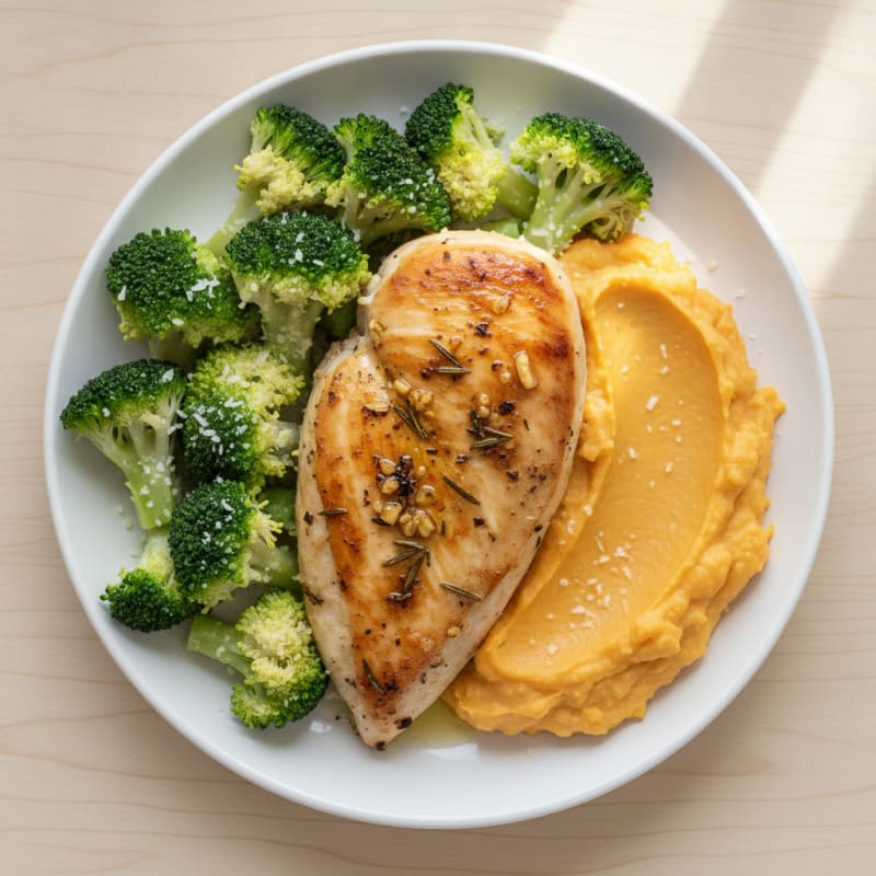 Herb-Roasted Chicken Breast with Steamed Broccoli and Sweet Potato Mash