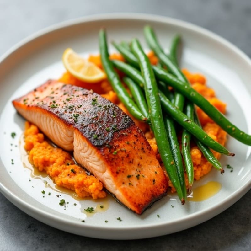 Seared Salmon with Garlic Green Beans and Sweet Potato Mash