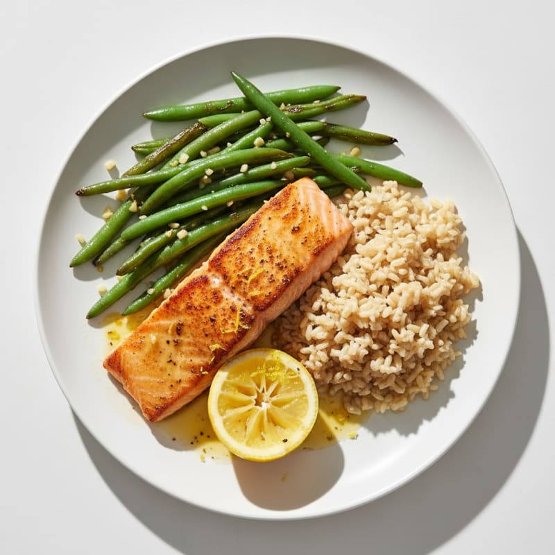 Seared Salmon Fillet with Garlic Green Beans and Brown Rice