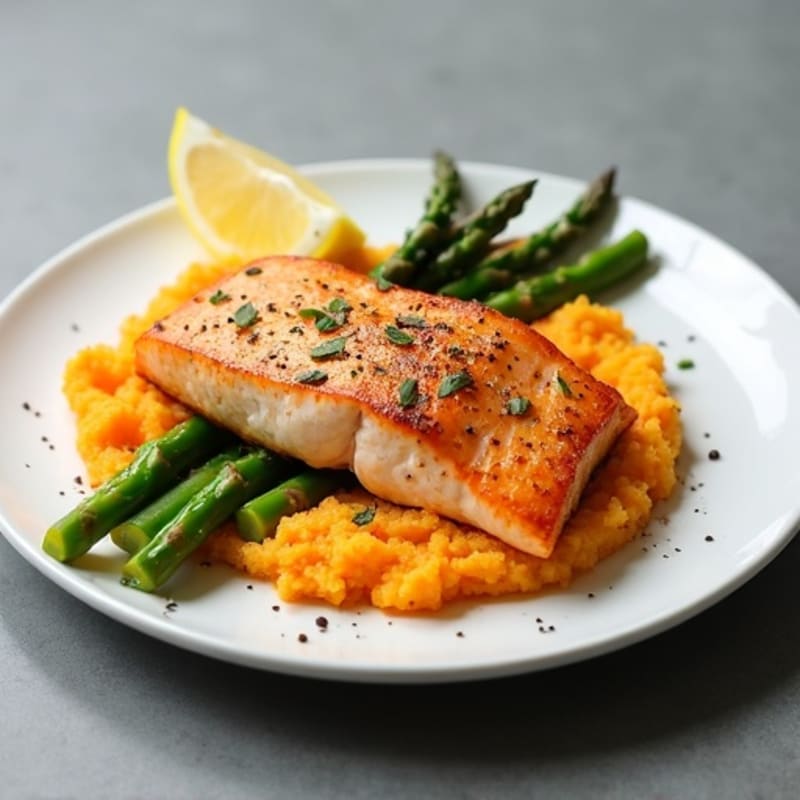 Seared Salmon Fillet with Steamed Asparagus and Sweet Potato Mash