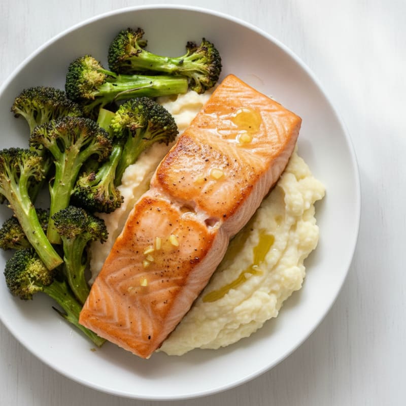 Seared Salmon Filet with Roasted Broccoli and Garlic Mashed Cauliflower