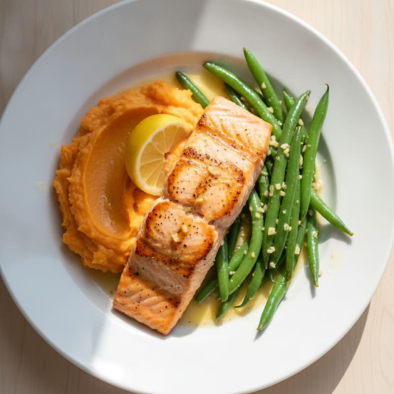 Seared Salmon with Garlic Green Beans and Sweet Potato Mash
