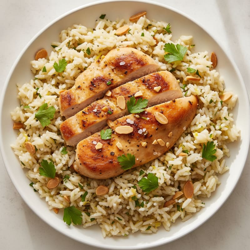 Lemon Herb Rice Pilaf with Toasted Almonds and Pan-Seared Chicken