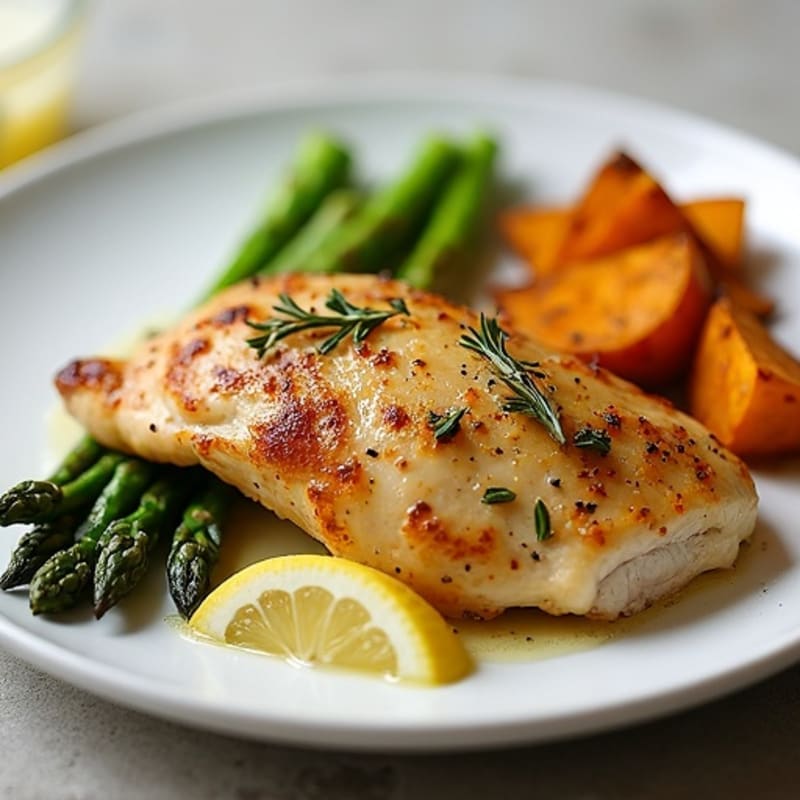 Baked Lemon Herb Chicken with Roasted Asparagus and Sweet Potato