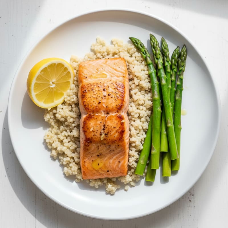 Seared Salmon with Steamed Asparagus and Quinoa