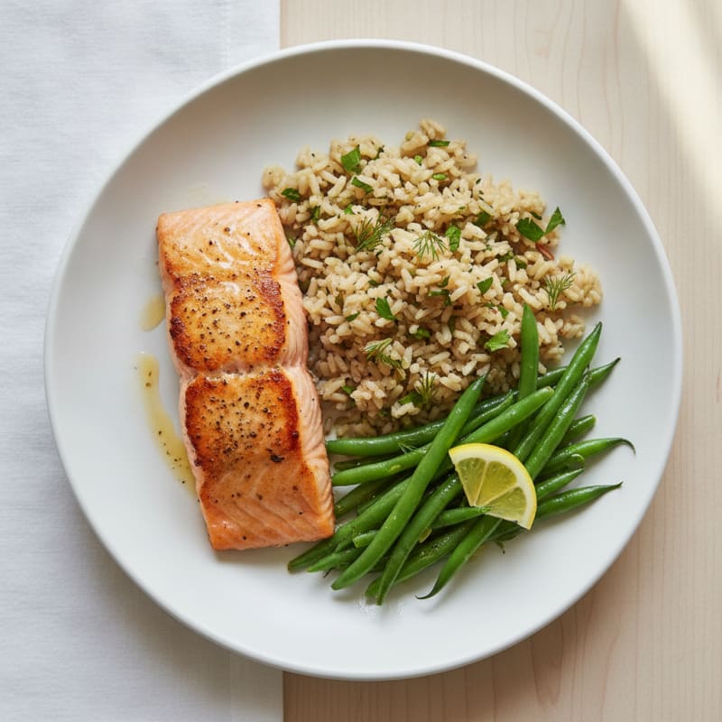 Seared Salmon with Crunchy Green Beans and Herb Rice