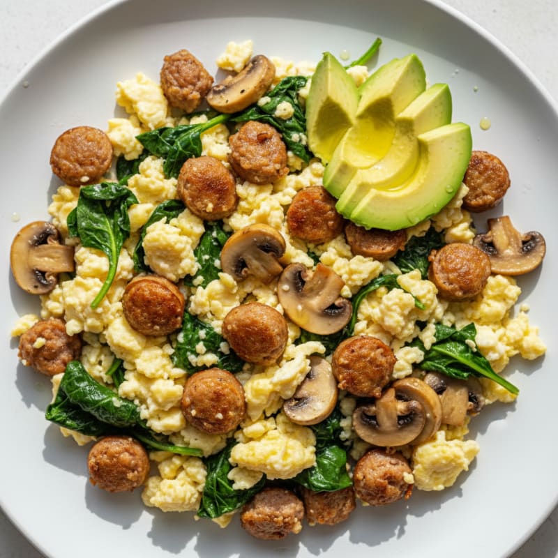 Egg White Spinach Scramble with Turkey Sausage and Sautéed Mushrooms