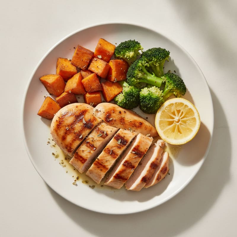 Grilled Chicken Breast with Roasted Sweet Potato and Steamed Broccoli