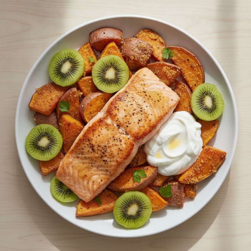 Pan-Seared Salmon with Roasted Sweet Potatoes and Kiwi Slices