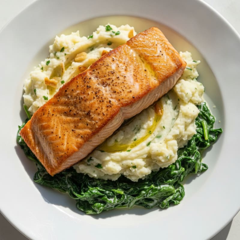 Seared Salmon with Creamy Spinach and Garlic Mashed Potatoes