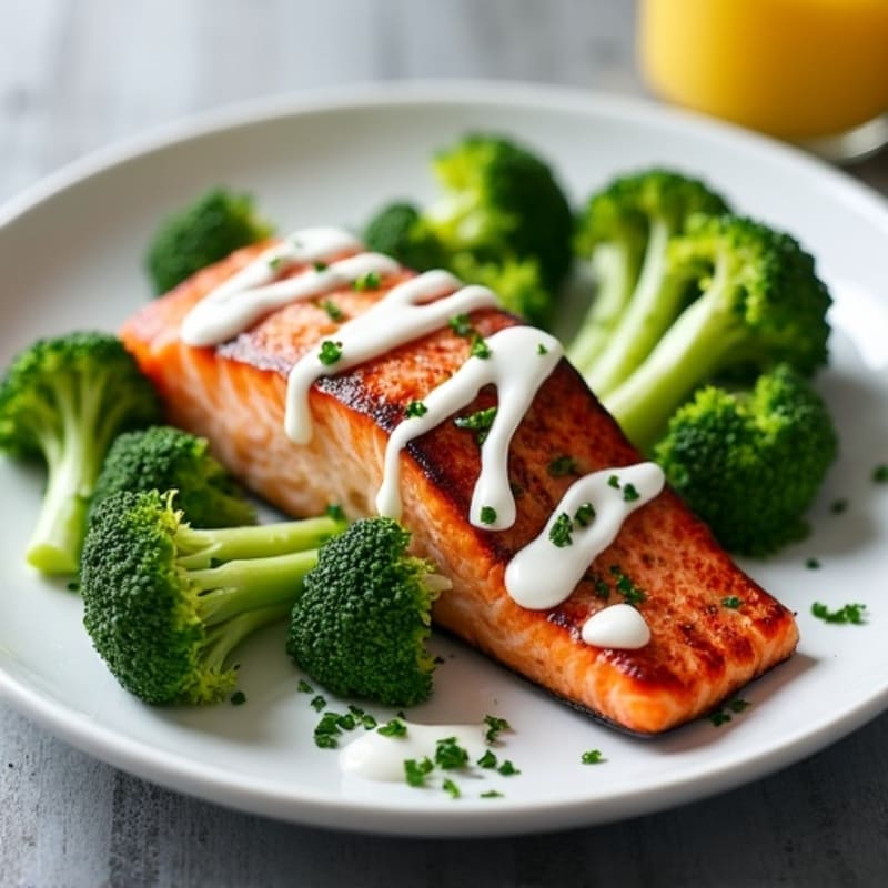 Seared Sockeye Salmon with Steamed Broccoli and Greek Yogurt Drizzle