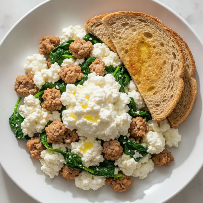 Egg White and Turkey Sausage Scramble with Spinach and Cottage Cheese