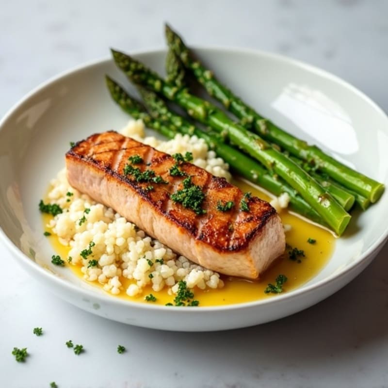 Seared Tuna Steak with Steamed Asparagus and Cauliflower Rice