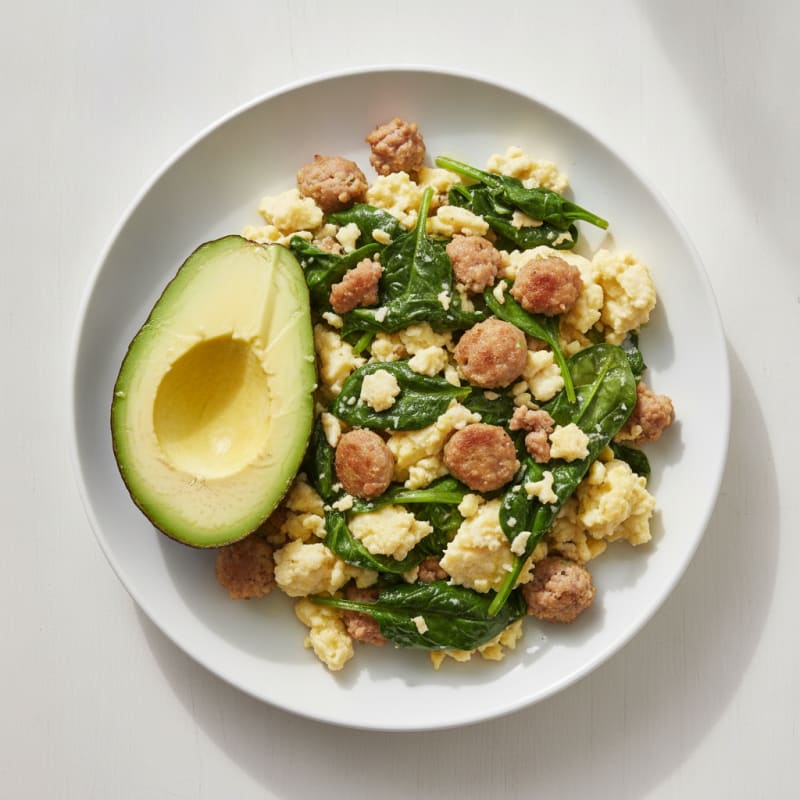 Egg White and Turkey Sausage Scramble with Sautéed Spinach