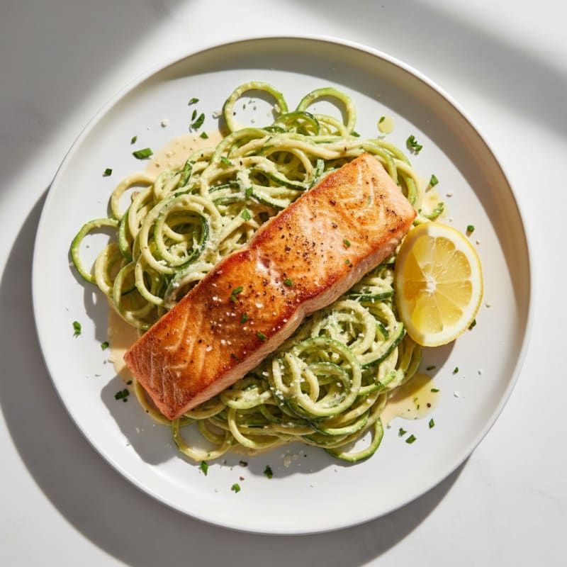Seared Salmon with Creamy Parmesan Zucchini Noodles