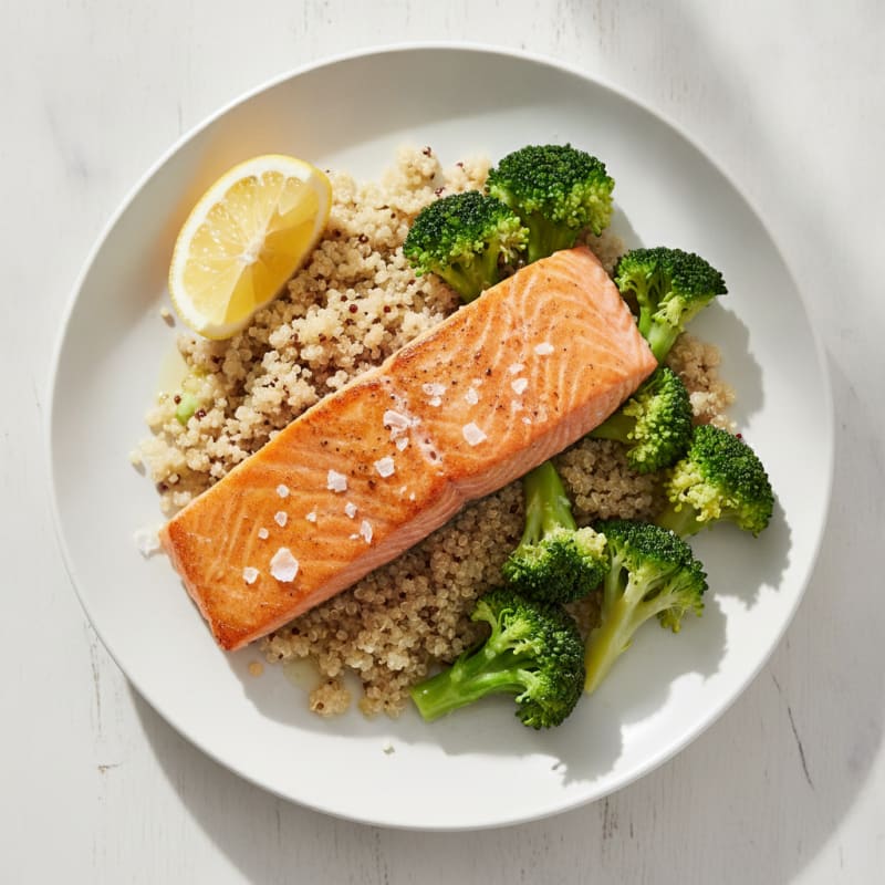 Seared Salmon Fillet with Steamed Broccoli and Quinoa