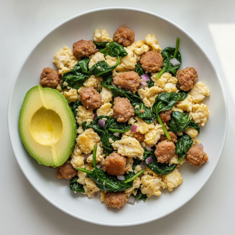 Scrambled Egg Whites with Turkey Sausage and Sautéed Spinach