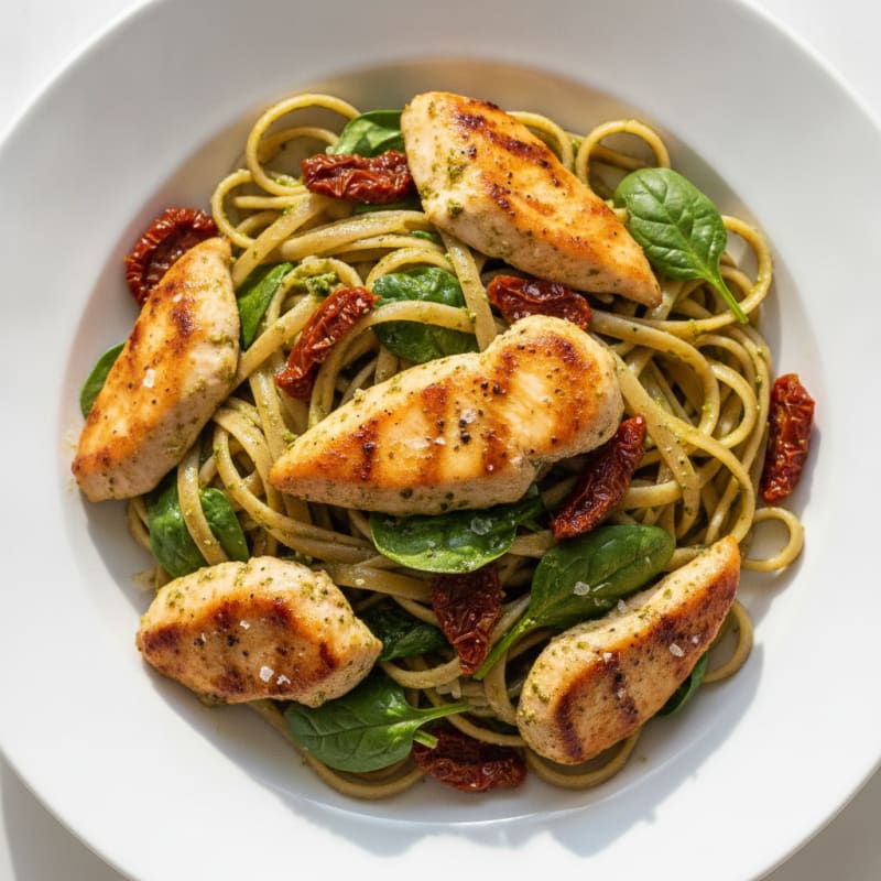 Pesto Chicken Linguine with Sun-Dried Tomatoes