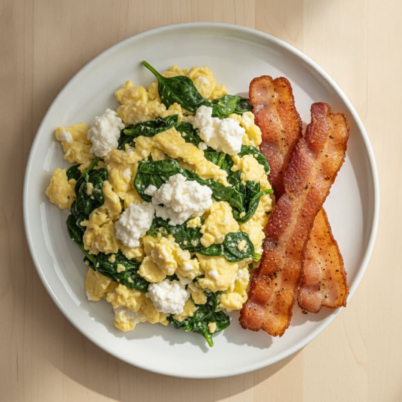 Cottage Cheese Scramble with Spinach and Turkey Bacon