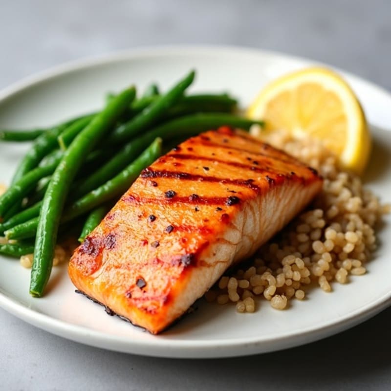 Seared Salmon with Garlic Green Beans and Brown Rice