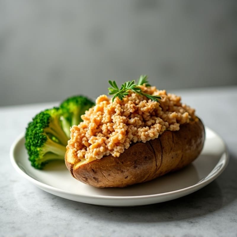 Crispy Baked Potato with Lean Ground Turkey and Steamed Broccoli