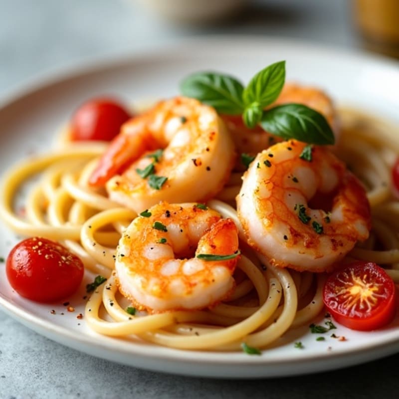 Pan-Seared Shrimp with Whole Wheat Linguine and Blistered Cherry Tomatoes