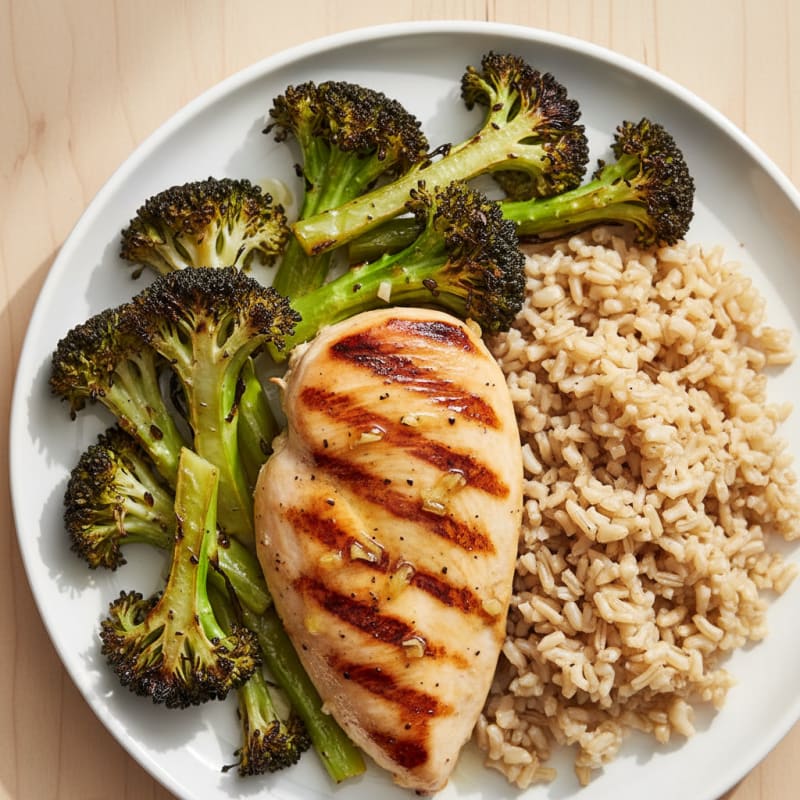 Grilled Chicken Breast with Roasted Broccoli and Brown Rice