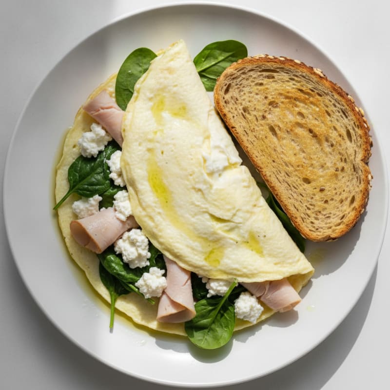 Egg White Spinach Omelette with Cottage Cheese and Sliced Turkey
