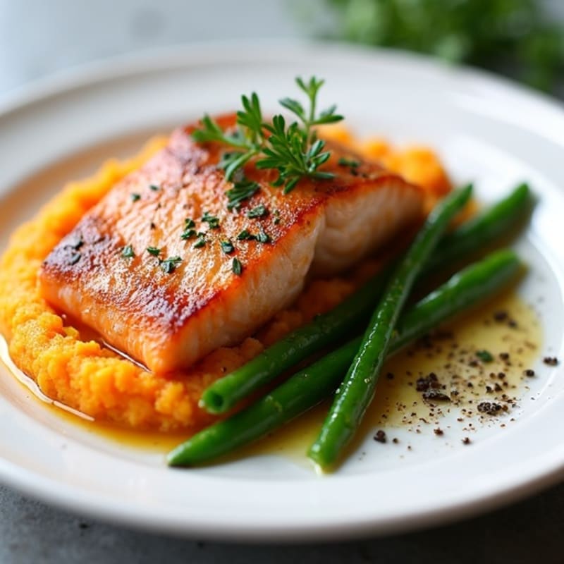 Seared Salmon with Garlic Green Beans and Sweet Potato Mash