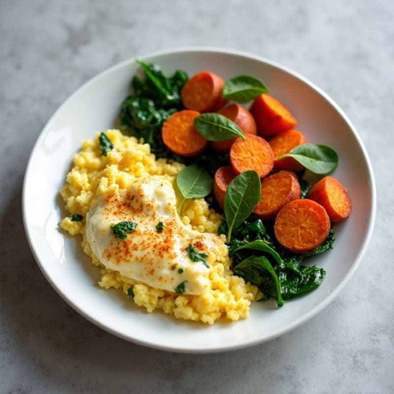 Egg White and Spinach Scramble with Roasted Sweet Potatoes