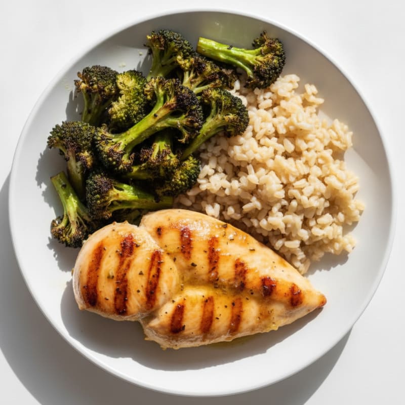 Grilled Chicken Breast with Roasted Broccoli and Brown Rice