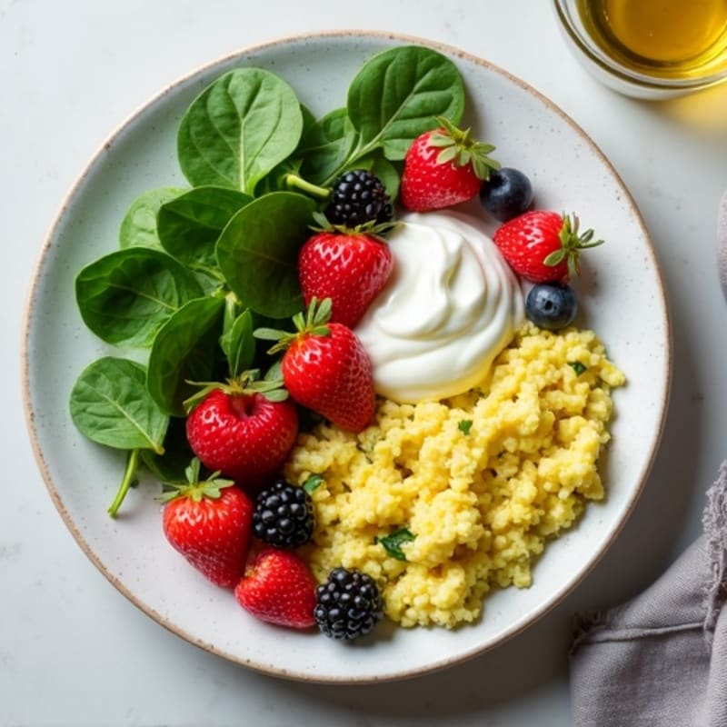 Egg White Spinach Scramble with Cottage Cheese and Fresh Berries