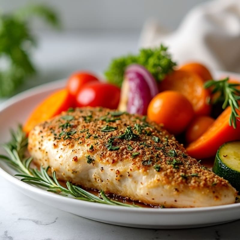 Herb-Crusted Sheet Pan Chicken with Roasted Rainbow Vegetables