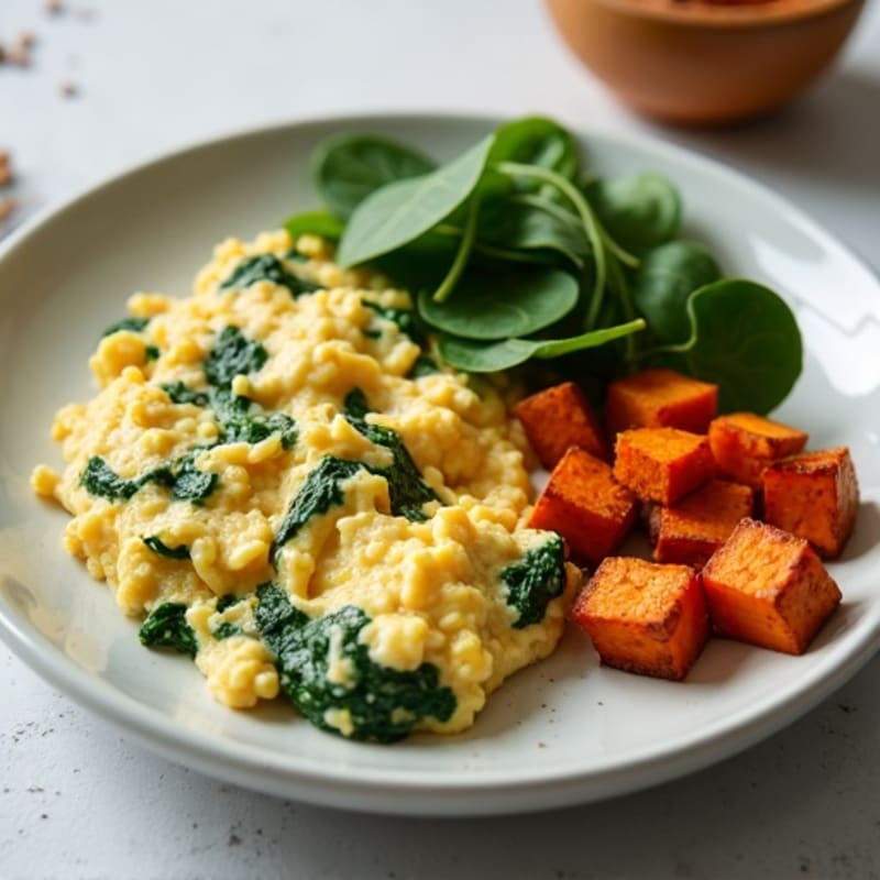 Egg White and Turkey Spinach Scramble with Roasted Sweet Potatoes