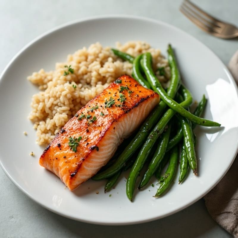 Seared Salmon Fillet with Garlic Green Beans and Brown Rice