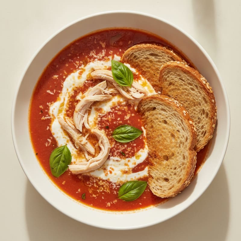 Roasted Tomato Basil Soup with Parmesan and Chicken