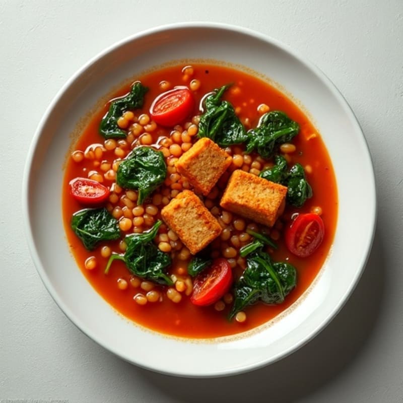 Lentil and Tempeh Tomato Stew with Wilted Spinach