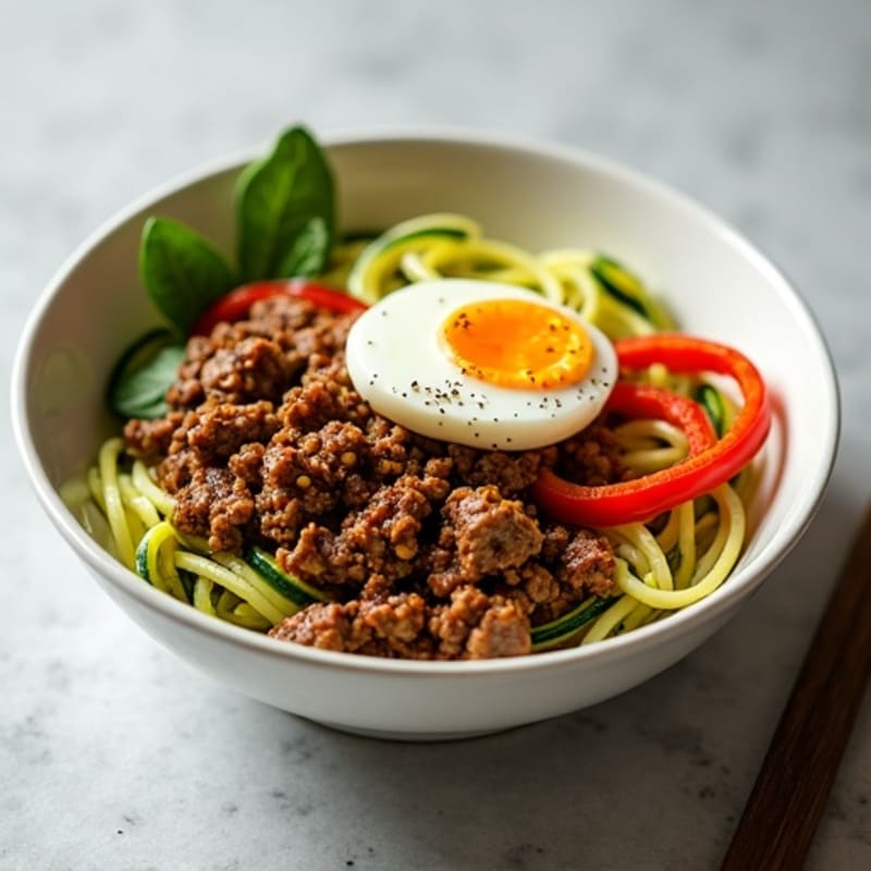 Savory Ground Beef and Bell Pepper Noodle Bowl with Soft-Boiled Egg