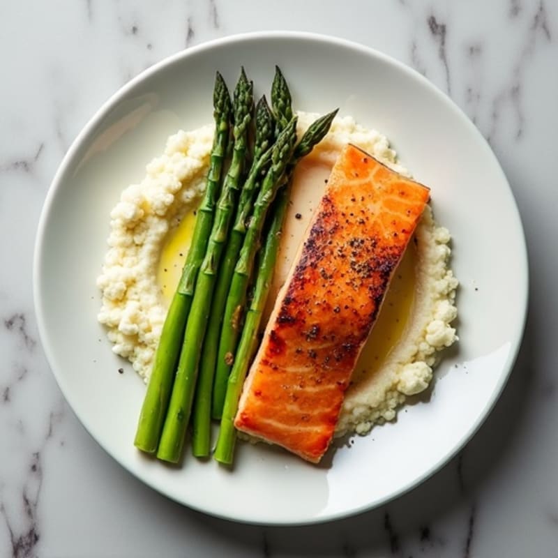 Seared Salmon with Roasted Asparagus and Cauliflower Mash