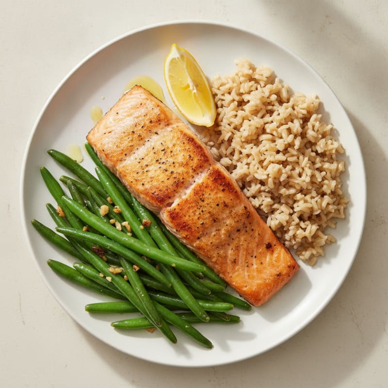 Baked Salmon with Garlic Green Beans and Brown Rice