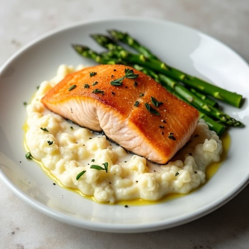 Seared Salmon with Steamed Asparagus and Cauliflower Mash