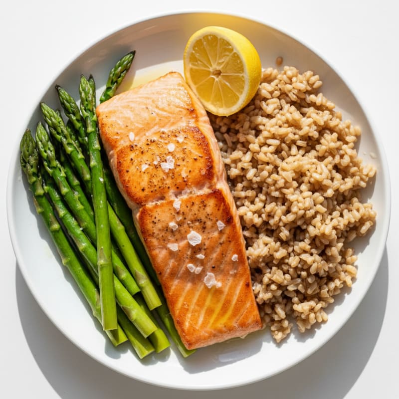 Seared Salmon with Steamed Asparagus and Brown Rice